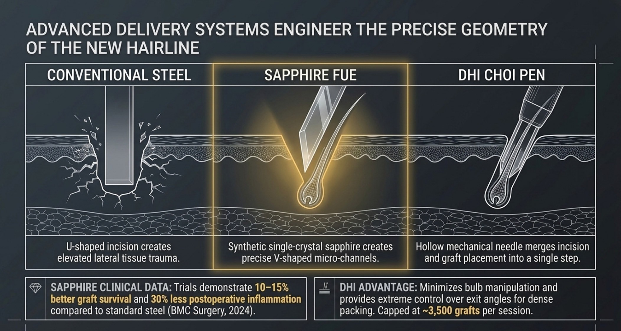 Steel, sapphire FUE and DHI Choi pen delivery systems compared for hairline incision geometry